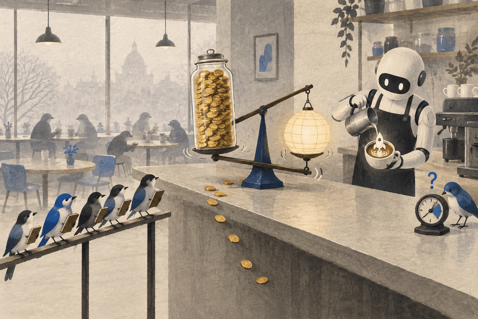 Stylised robot barista pours a rocket-shaped latte beside a jar of gold coins, watched by birds holding ledgers in a foggy cafe.