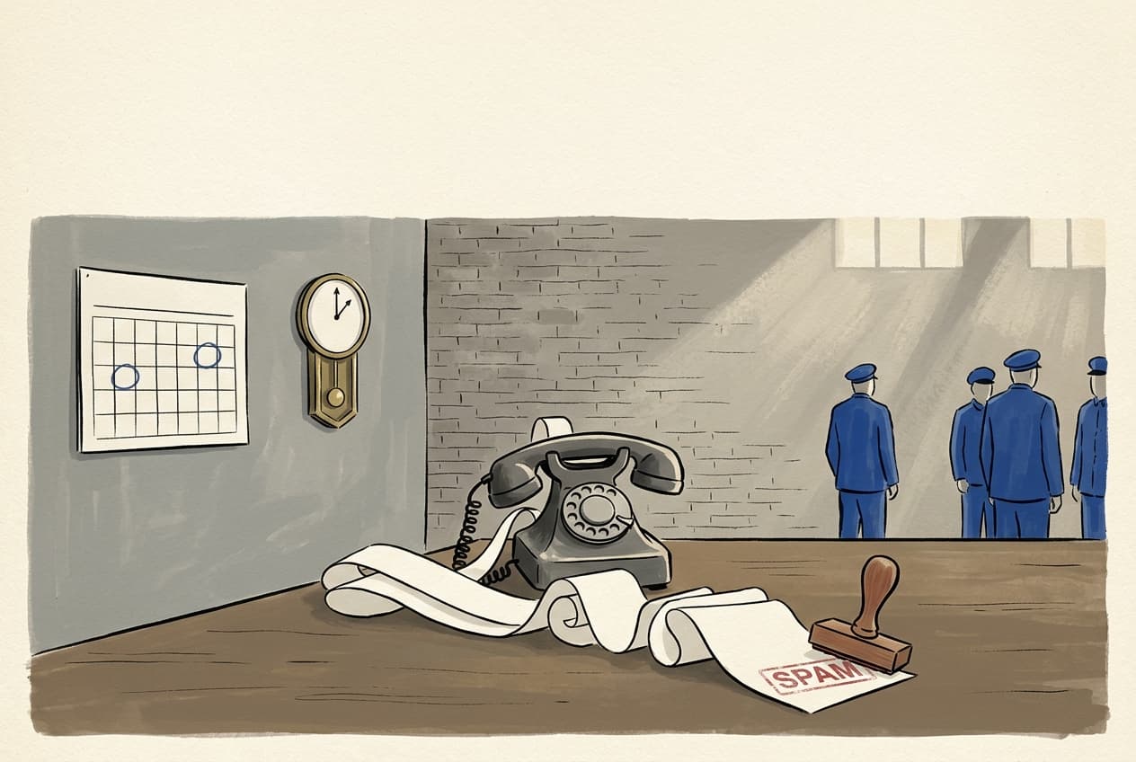 A quiet police room with a rotary phone spilling paper tape stamped SPAM, beside a wall calendar with two dates circled far apart.